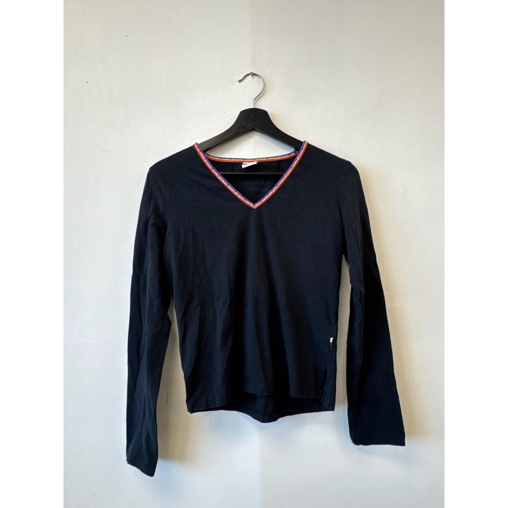 Vintage Tommy Jeans Shirt Womens Medium Black V Neck Long Sleeve Rainbow‎ 90s